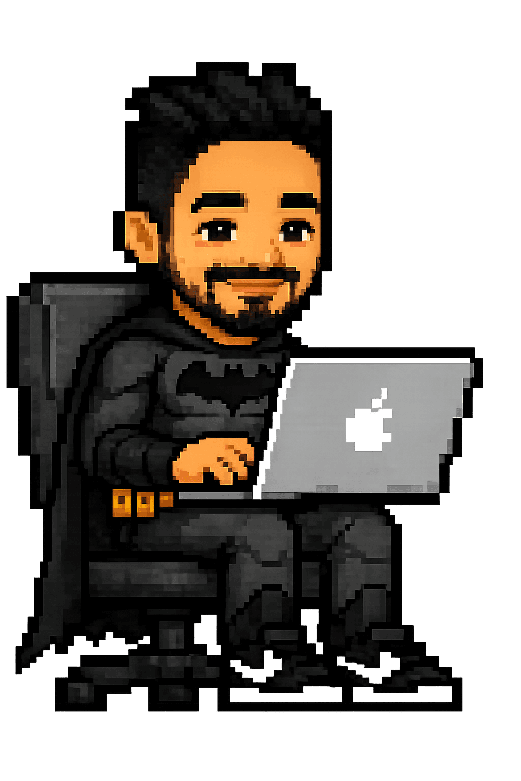 Pixel-art portrait of Brian Rey working at a laptop
