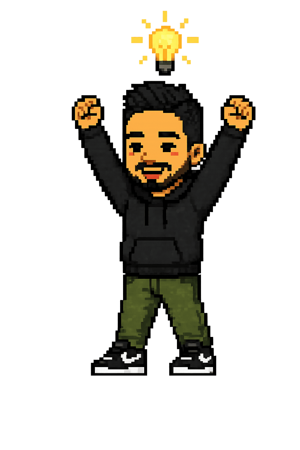 Pixel-art portrait of Brian Rey with his arms raised